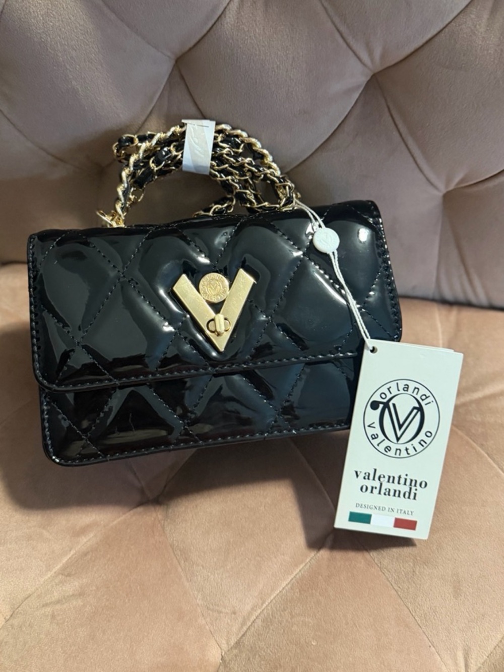 Valentino Orlandi Black Quilted Patent Leather Chain Bag